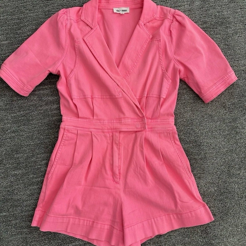 Day + Moon Neon Pink Denim Romper Size Medium EUC